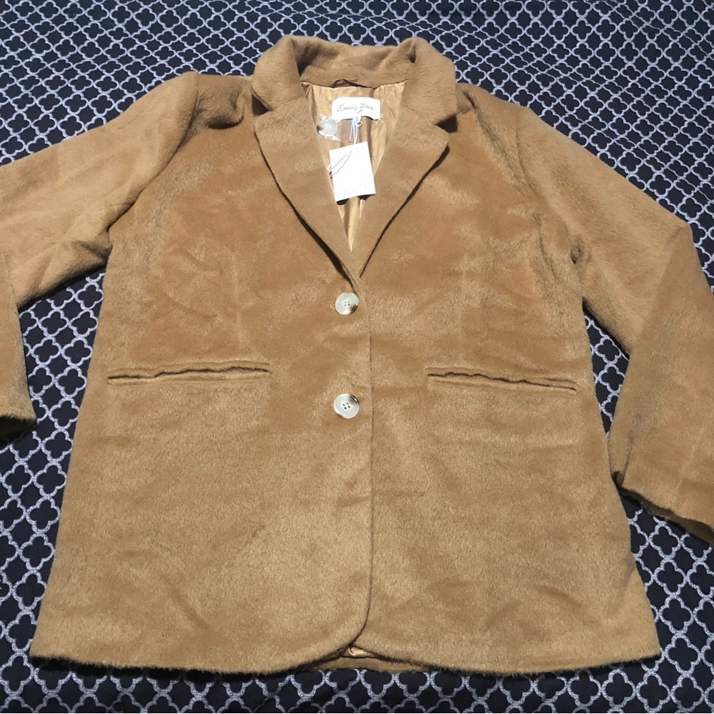 Emory Park Womens Faux Fur Wool Blend Brown Two Button Soft Blazer Sz Small L20